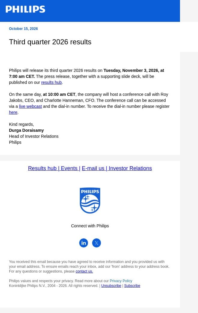 Philips IR alert | Third quarter 2026 results publication email from Philips Digital Pathology Solutions screenshot