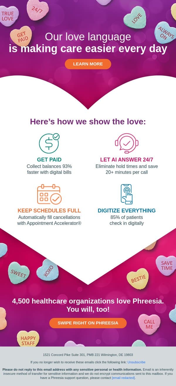 Our love language? Making care easier. email from Phreesia screenshot