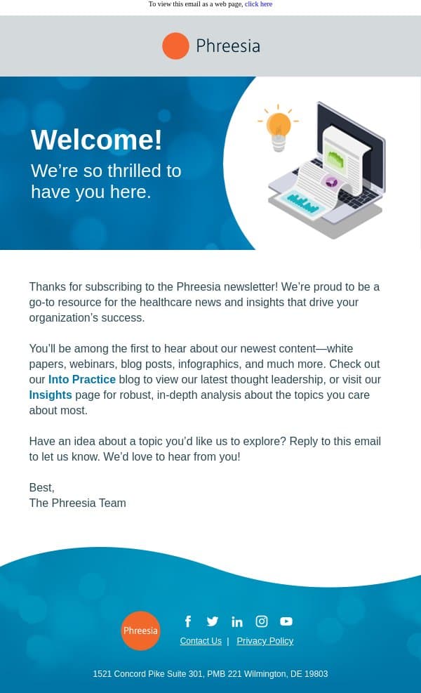 Thank you for subscribing email from Phreesia screenshot
