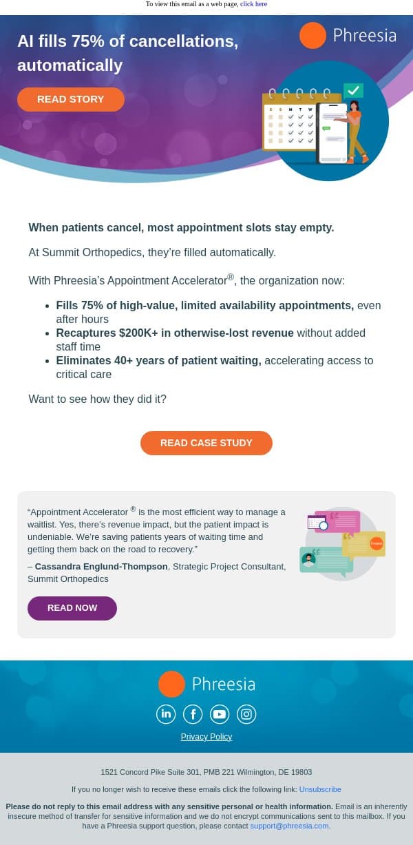 “The patient impact is undeniable.” email from Phreesia screenshot