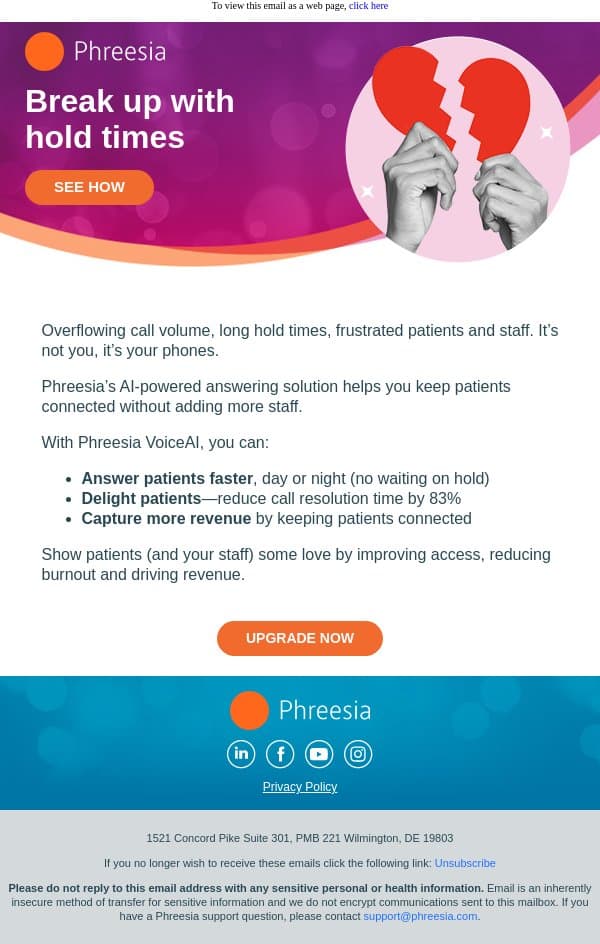 RED FLAG: Long hold times 🚩 email from Phreesia screenshot