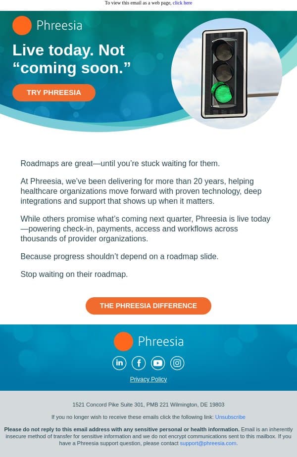 Roadmaps are great. Results are better. email from Phreesia screenshot