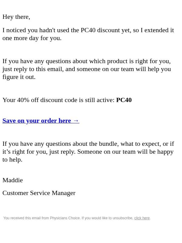 Is everything okay? email from Physician's Choice screenshot