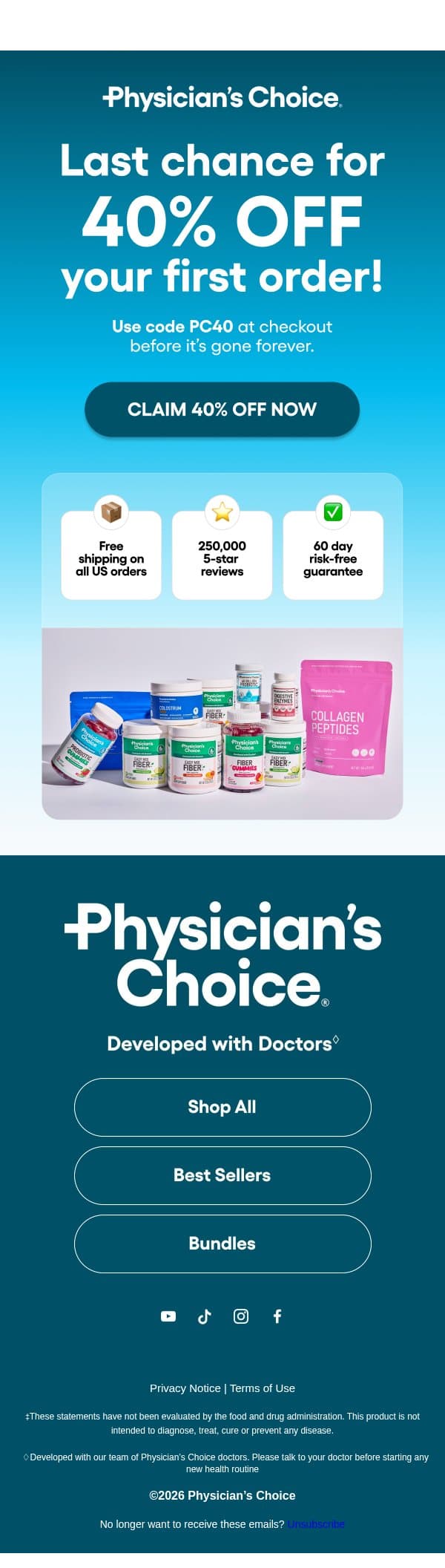 Last chance for 40% off! 🚨 email from Physician's Choice screenshot