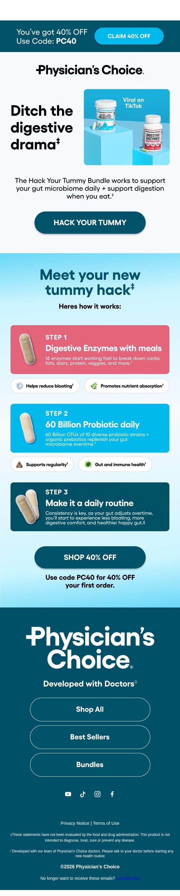 Ditch the digestive drama email from Physician's Choice screenshot