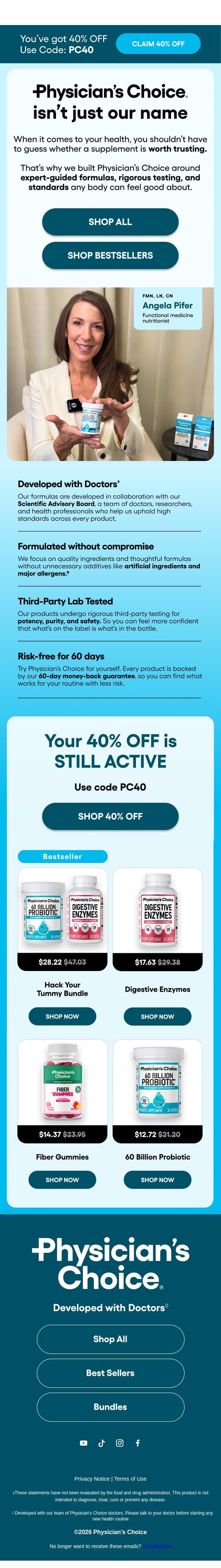 Trust your gut to the experts (literally) email from Physician's Choice screenshot