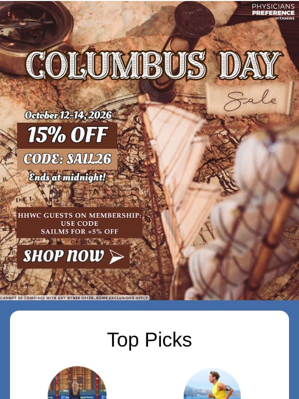 Happy Columbus Day! 🛟 Our Sale is Ending Soon! email from Physician's Preference