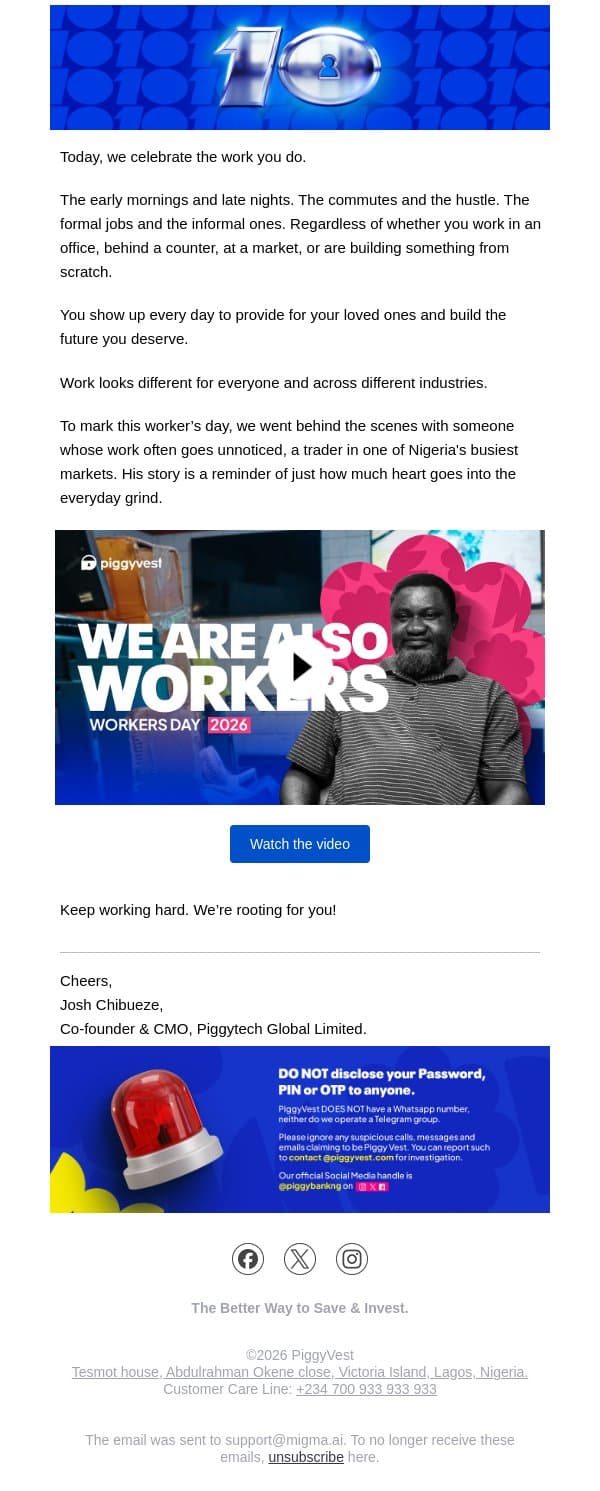 Happy Worker’s Day! email from PiggyVest screenshot