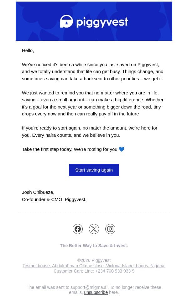 We miss you π email from PiggyVest screenshot