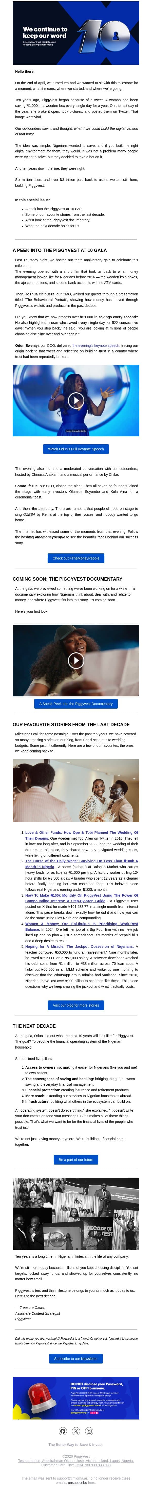 Every Second, ₦61,000 is saved on Piggyvest 💙 email from PiggyVest screenshot