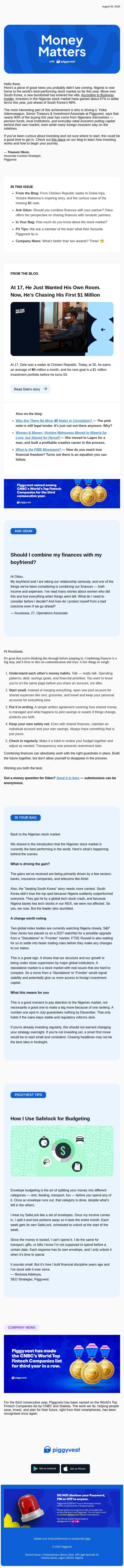 I want to be a millionaire by global standards. Here's how it's going email from PiggyVest screenshot