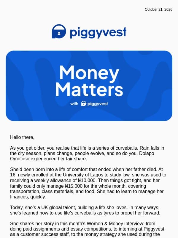 I abandoned a law degree to build a career in tech email from PiggyVest