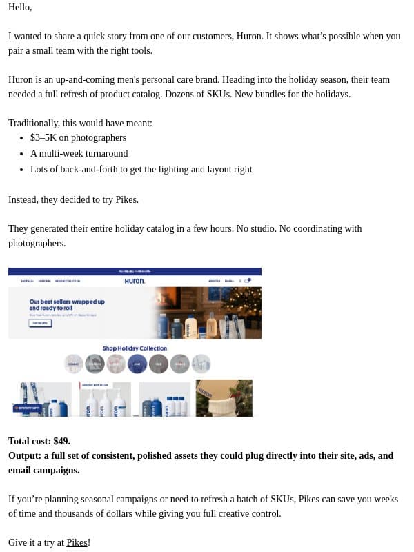 How Huron built their full holiday catalog in hours with Pikes email from Pikes AI