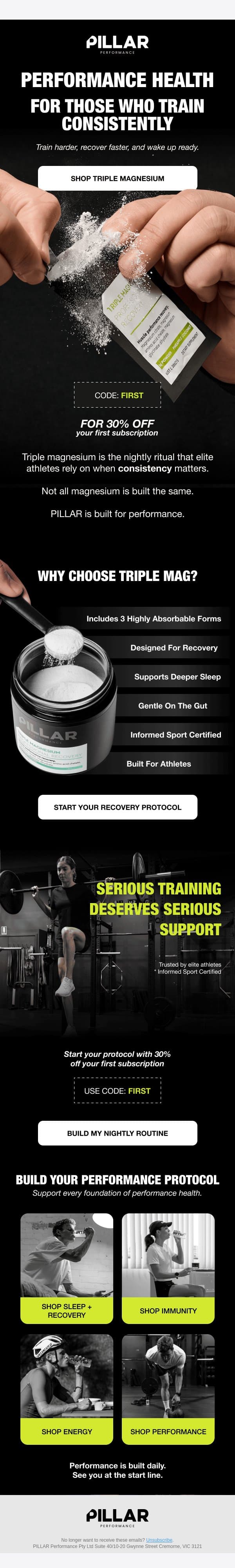 Still waking up sore after training? email from PILLAR Performance screenshot