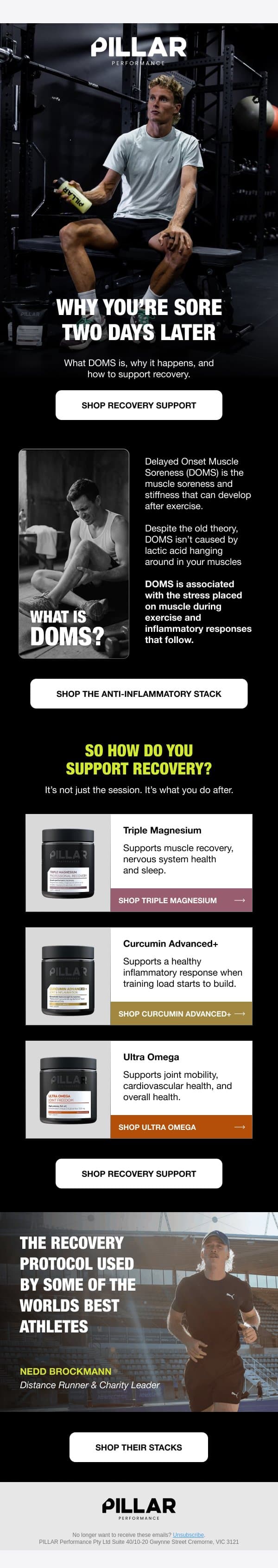 What DOMS Actually Is. email from PILLAR Performance screenshot