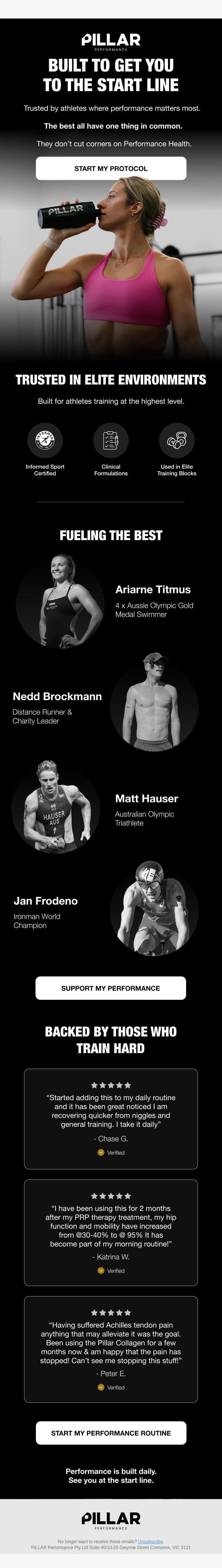 Trusted by athletes and the everyday elite email from PILLAR Performance screenshot