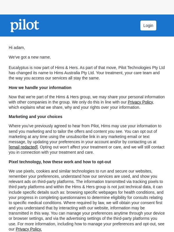 Privacy policy update email from Pilot