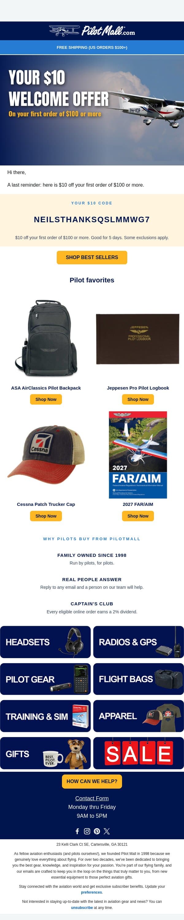 Last reminder: your $10 welcome offer email from Pilot Mall screenshot