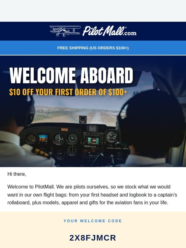 Welcome aboard: your $10 is inside email from Pilot Mall