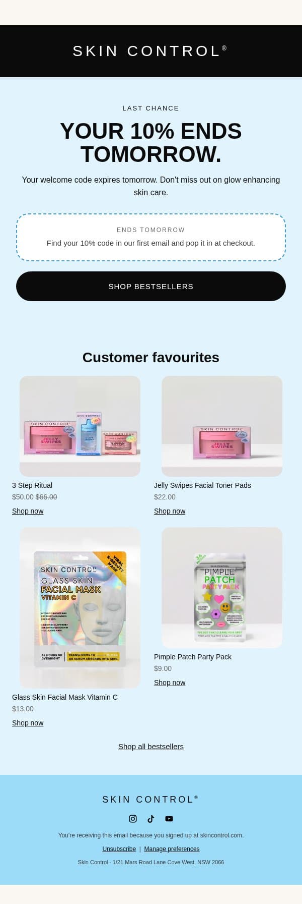 Your 10% ends tomorrow email from Pimple Patches screenshot