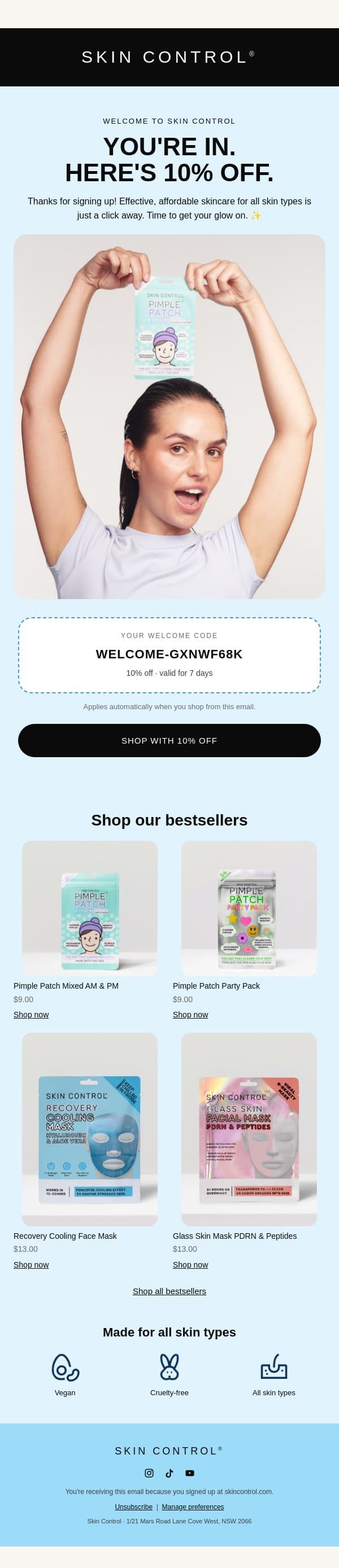 Your exclusive 10% off awaits! 🩵 email from Pimple Patches screenshot