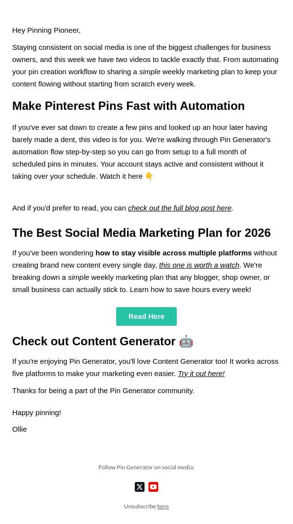 The trick to consistent posting 😉 email from Pin Generator screenshot