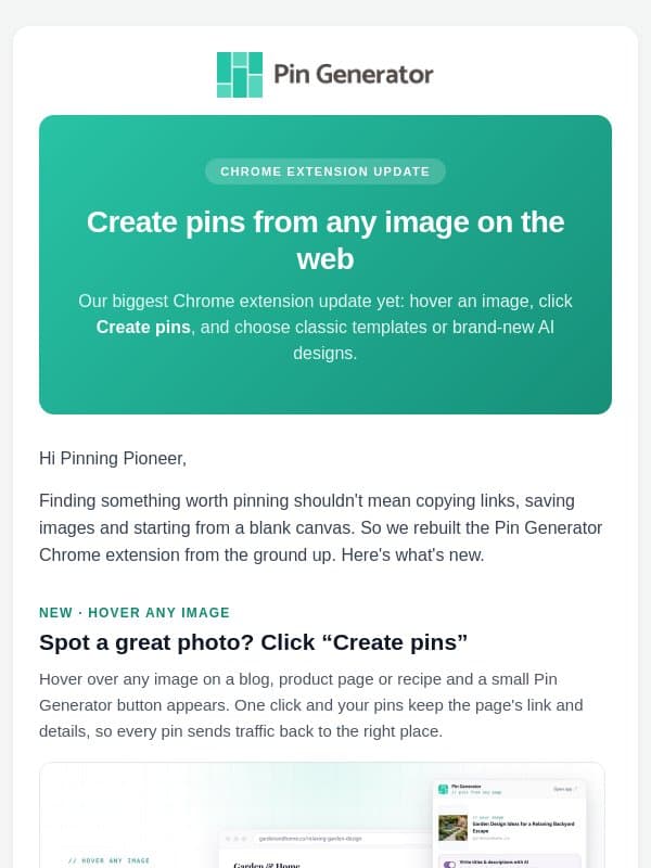New: create Pinterest pins from any image on the web email from Pin Generator