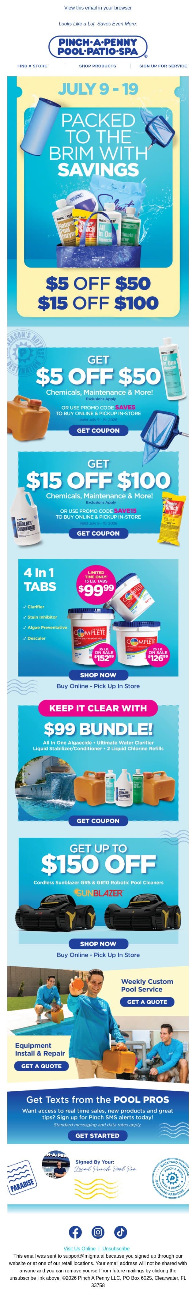 Save $5 off $50 or $15 off $100! email from Pinch A Penny Pool Patio Spa screenshot