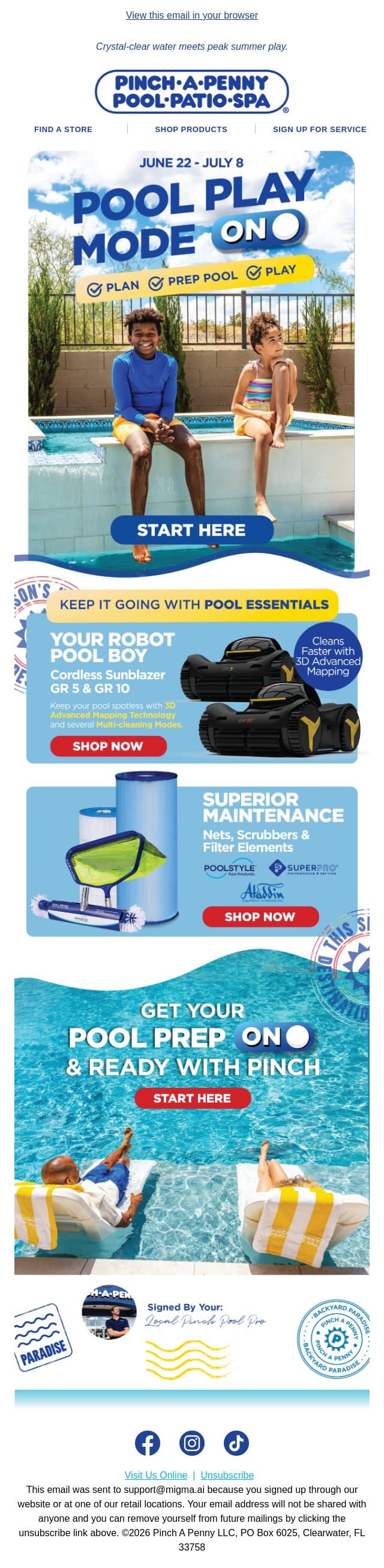Current status: Pool Play Mode ON π email from Pinch A Penny Pool Patio Spa screenshot