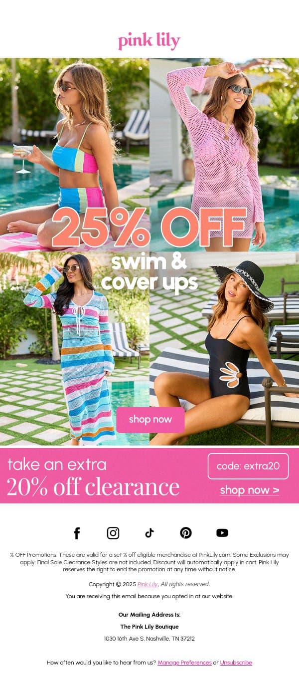25% OFF swim & coverups! π email from Pink Lily screenshot