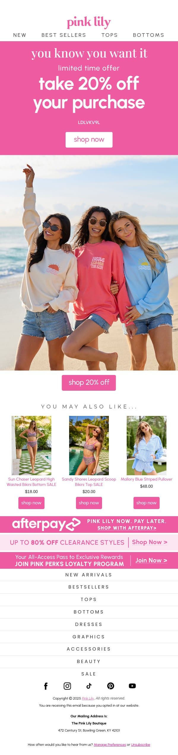 20% OFF! time to treat yourself email from Pink Lily screenshot
