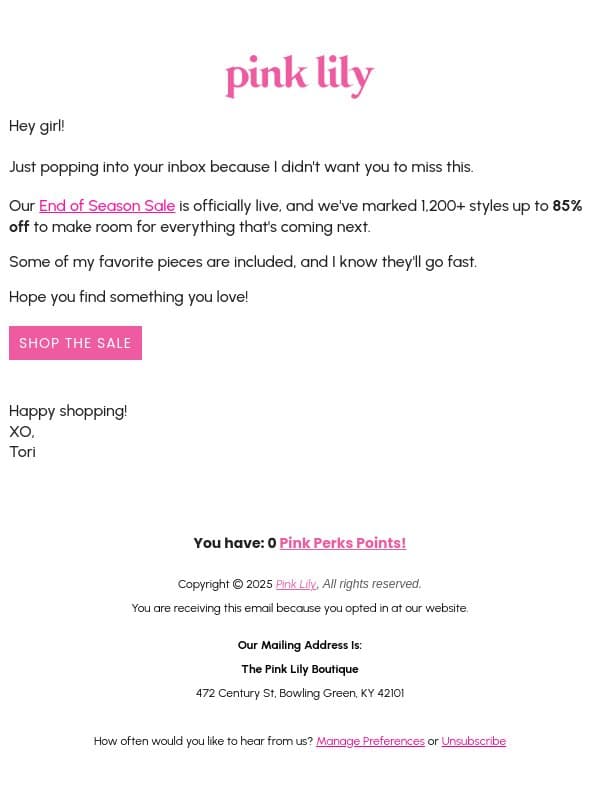 a little heads up π email from Pink Lily screenshot