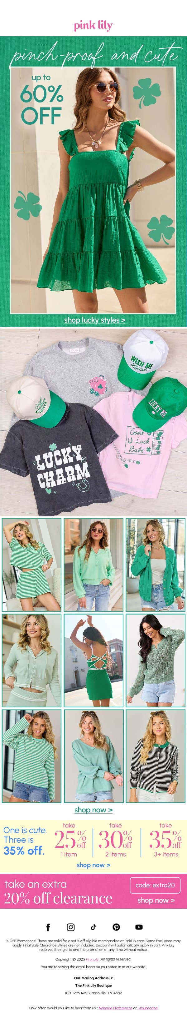 you're in luck: up to 60% OFF st. patty's styles🍀 email from Pink Lily screenshot
