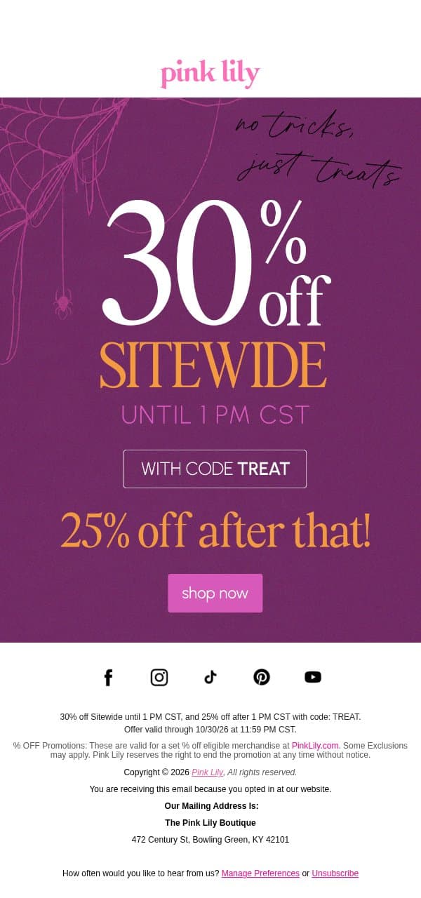 30% OFF SITEWIDE: no tricks, just treats 👻 email from Pink Lily screenshot