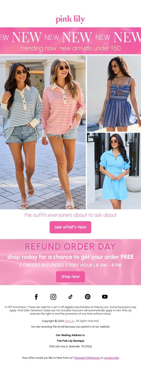 just dropped: new arrivals under $50! email from Pink Lily screenshot