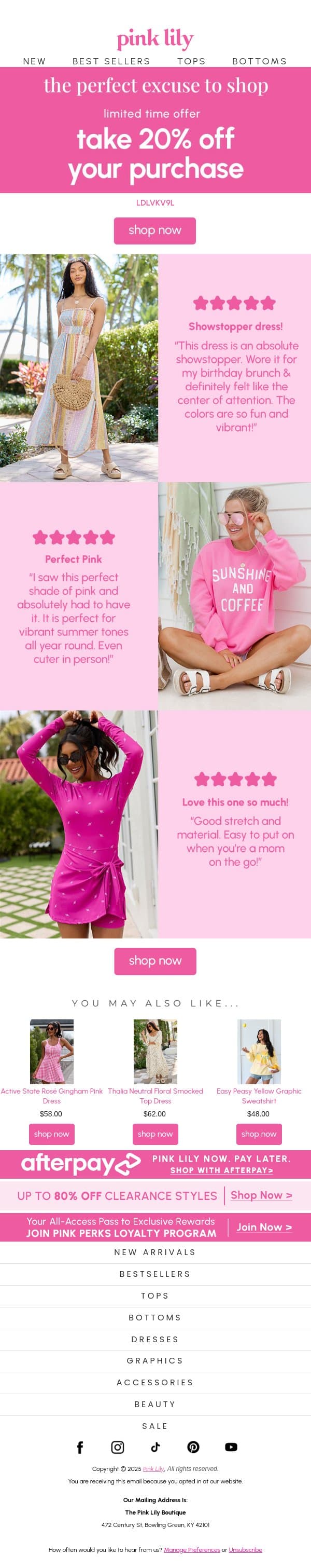 babe! you have 20% off! email from Pink Lily screenshot
