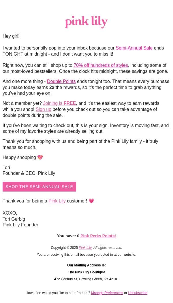 the semi-annual sale starts NOW💗 email from Pink Lily screenshot