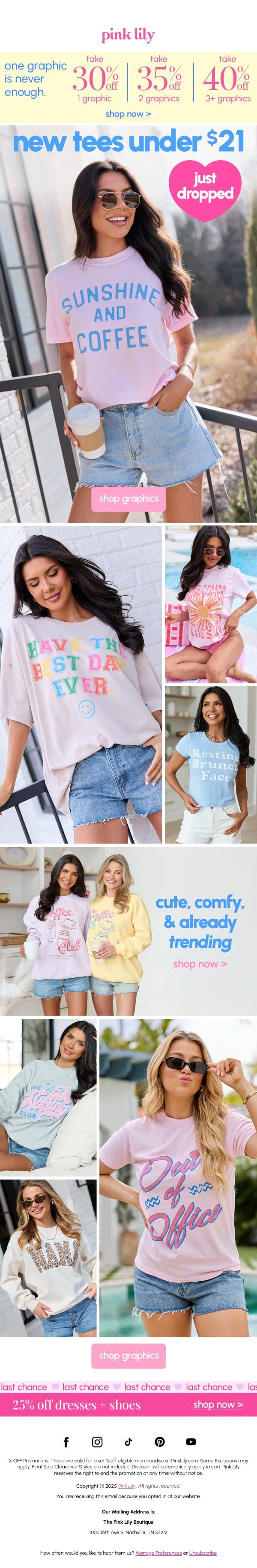 NEW graphic tees under $21 🤩 email from Pink Lily screenshot