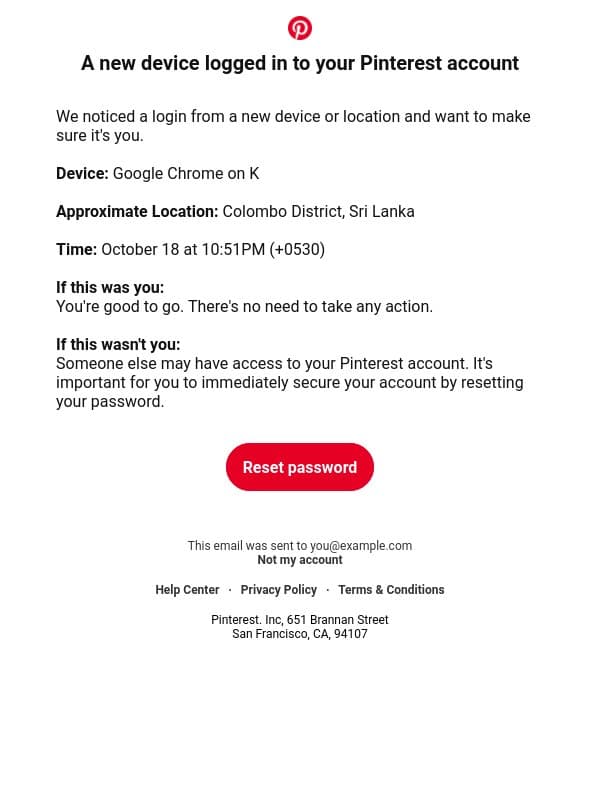Pinterest account security alert: Did you login from a new device? email from Pinterest screenshot