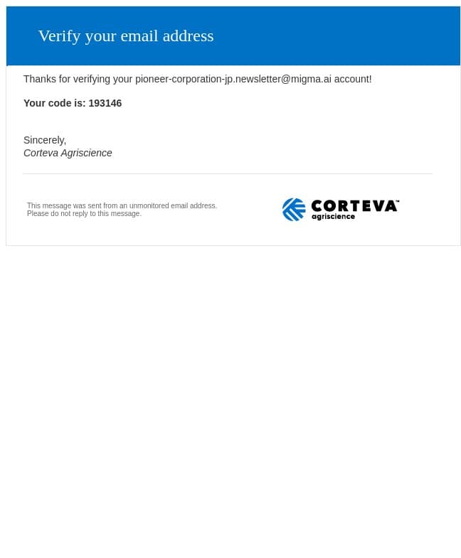 Corteva Agriscience account email verification code email from Pioneer Corporation screenshot