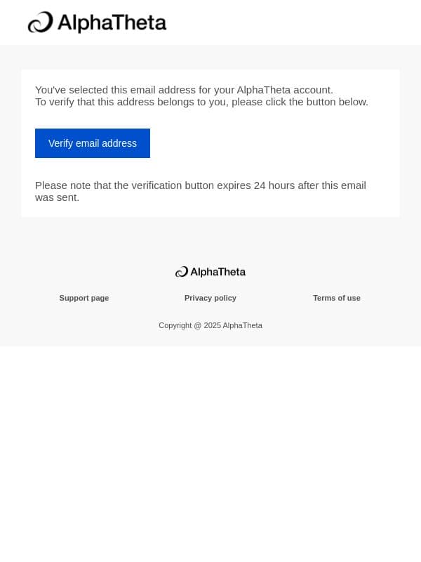 Please verify your AlphaTheta account address email from Pioneer DJ screenshot