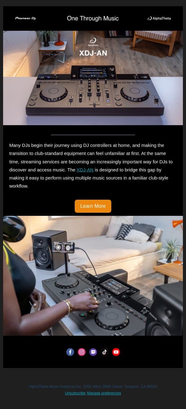 π Meet the XDJ-AN, an all-in-one designed to intuitively transition from home DJing to club environments. email from Pioneer DJ screenshot