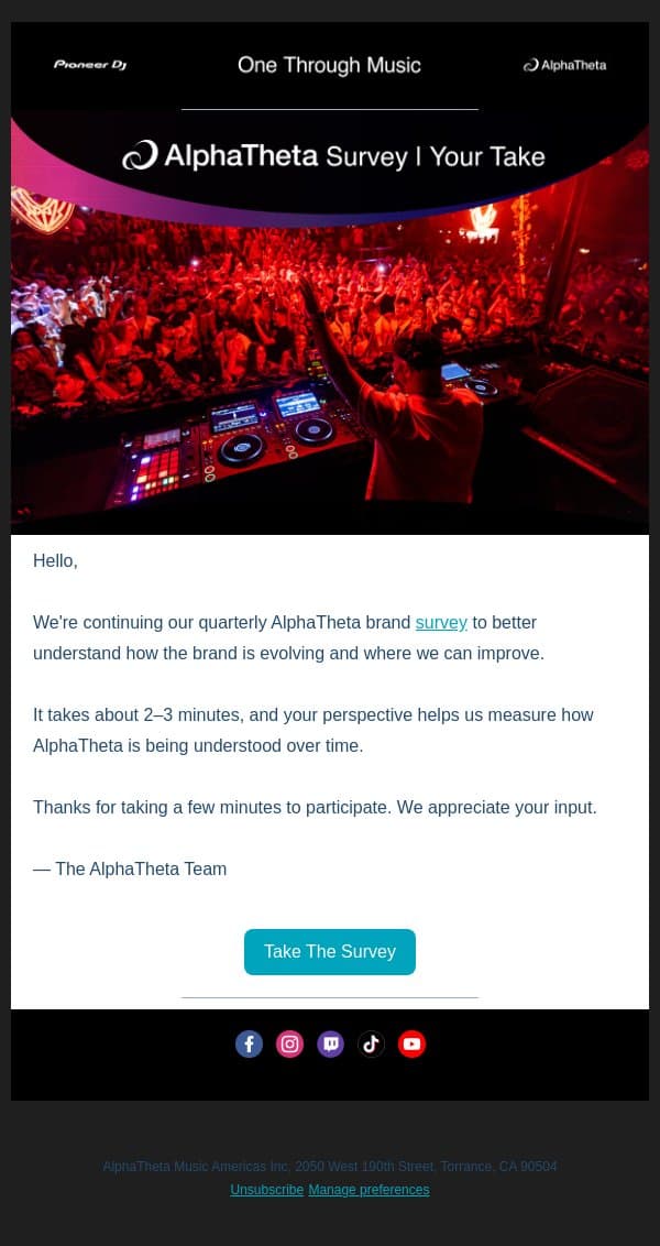 Help shape the future of AlphaTheta email from Pioneer DJ screenshot