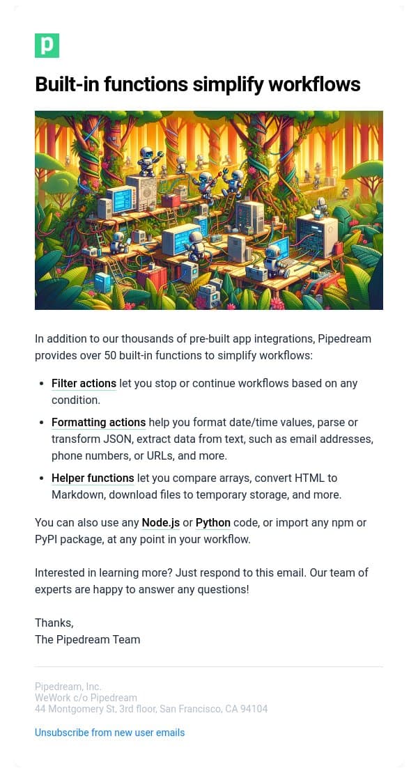 Pipedream: Built-in functions to simplify workflows email from Pipedream screenshot