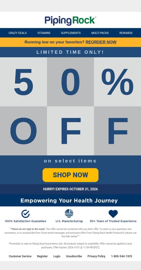 50% Crazy Deals Starts Now! email from Piping Rock screenshot