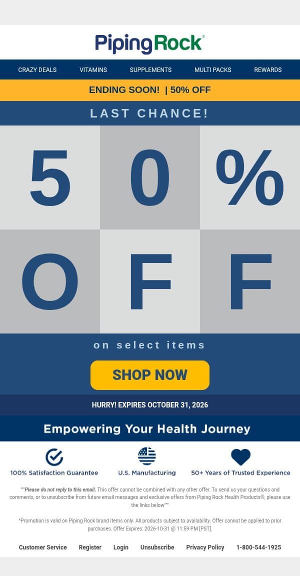 HURRY! 50% OFF Ends Soon email from Piping Rock screenshot