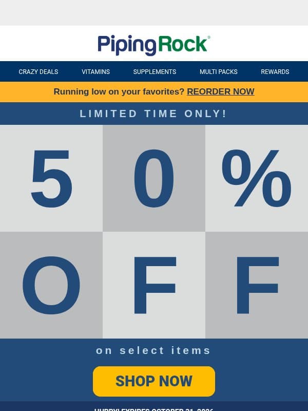 50% Crazy Deals Starts Now! email from Piping Rock