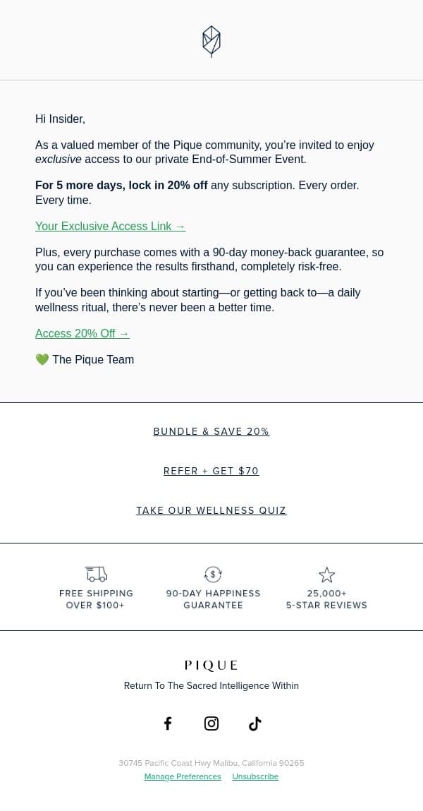 Insider, Your Exclusive Access Ends Soon email from Pique Tea screenshot