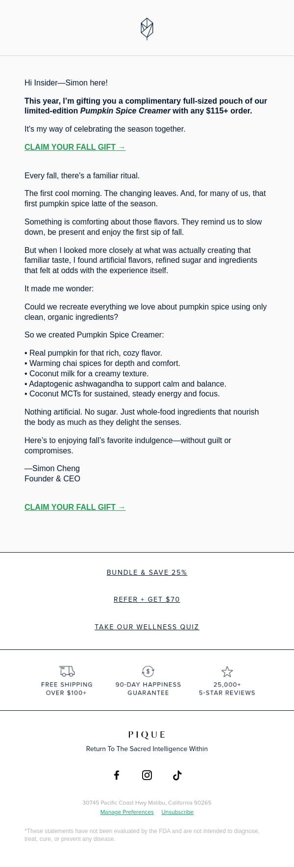 Pumpkin Spice Creamer, On Me 🧡 email from Pique Tea screenshot
