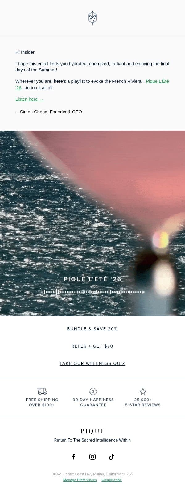 A Pique Summer Music Set email from Pique Tea screenshot